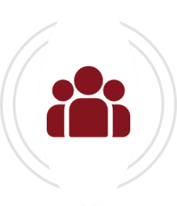 Red people icons inside oval shape.