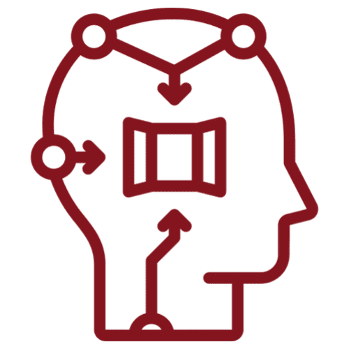 Outline of head with arrows and shapes.
