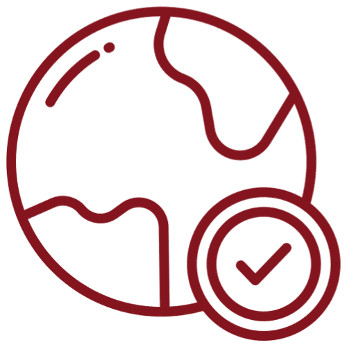 Red globe with checkmark icon.