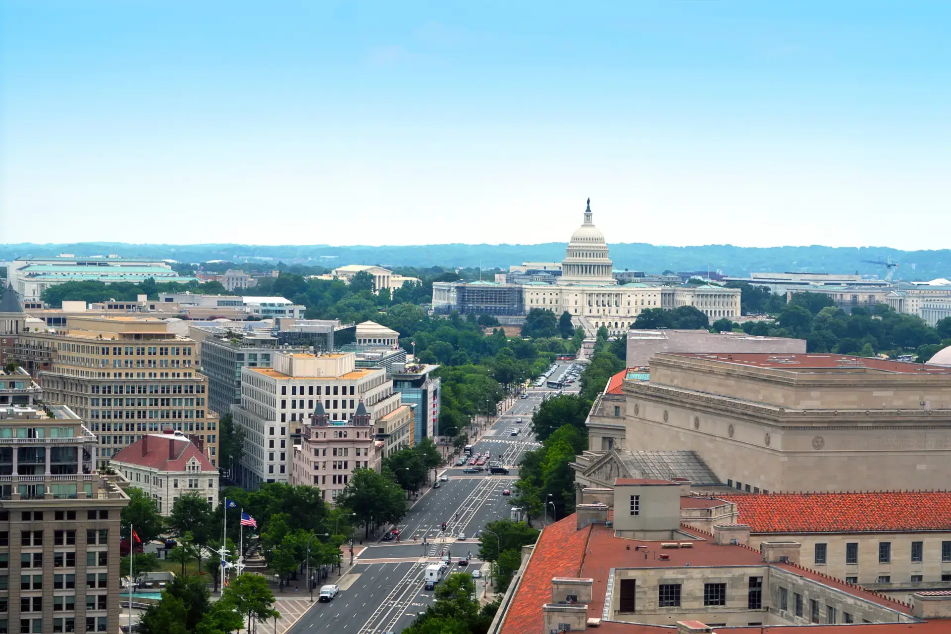 Aerial view of Washington D.C. Capitol Building.